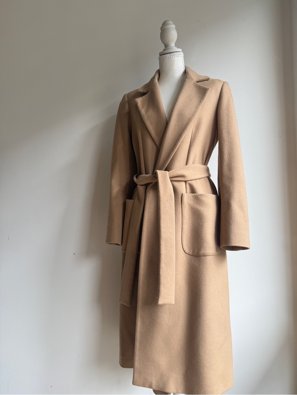 Women’s Camel Heddle and Reed Belted Wool-Blend Coat Dress